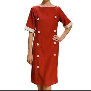 SANDY GRAY Vintage Red Dress Buttons Double Breasted Linen Retro 50’s Size XL